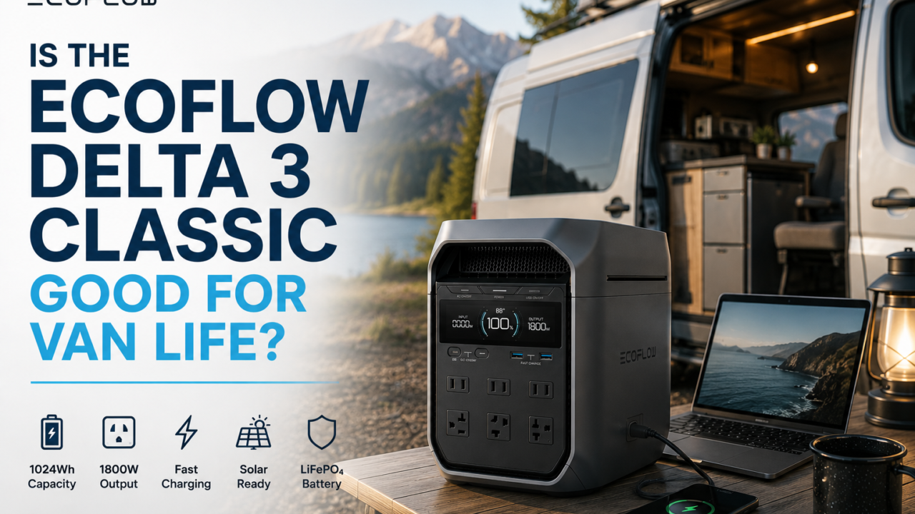 EcoFlow DELTA 3 Classic powering appliances inside a camper van