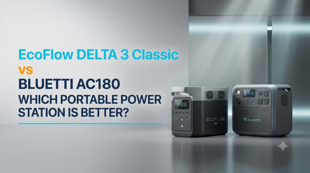 EcoFlow DELTA 3 Classic and BLUETTI AC180 portable power stations side by side