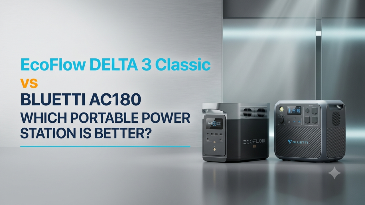 EcoFlow DELTA 3 Classic and BLUETTI AC180 portable power stations side by side