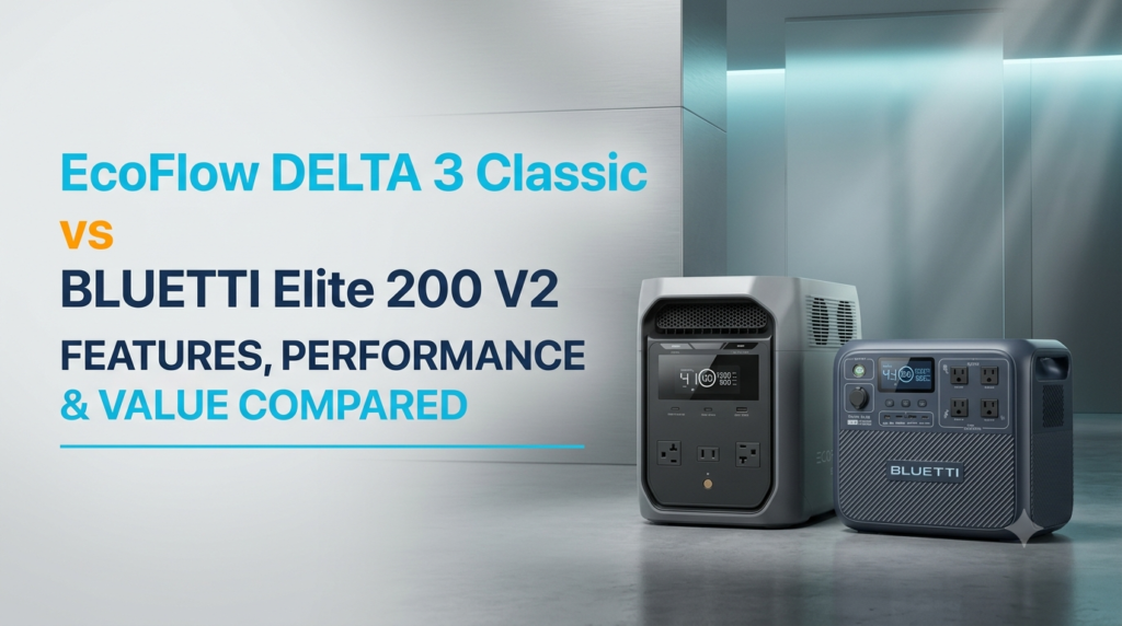 EcoFlow DELTA 3 Classic and BLUETTI Elite 200 V2 portable power stations compared side by side