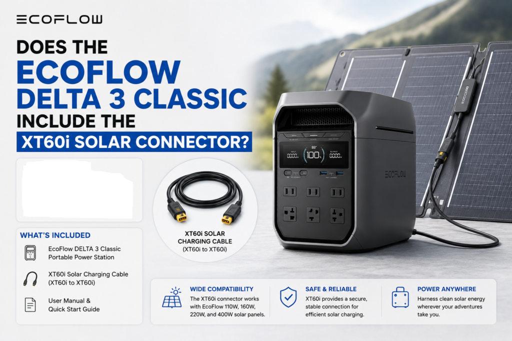 EcoFlow DELTA 3 Classic portable power station with XT60i solar cable and portable solar panel