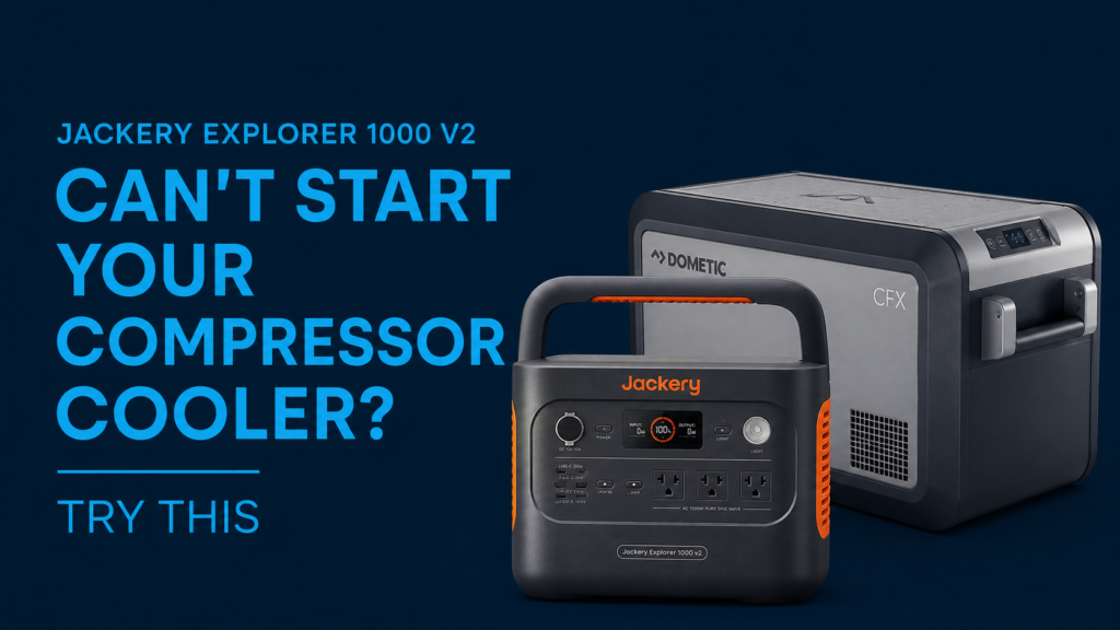 Jackery Explorer 1000 V2 connected to a 12V compressor cooler with a deep-cycle battery solution