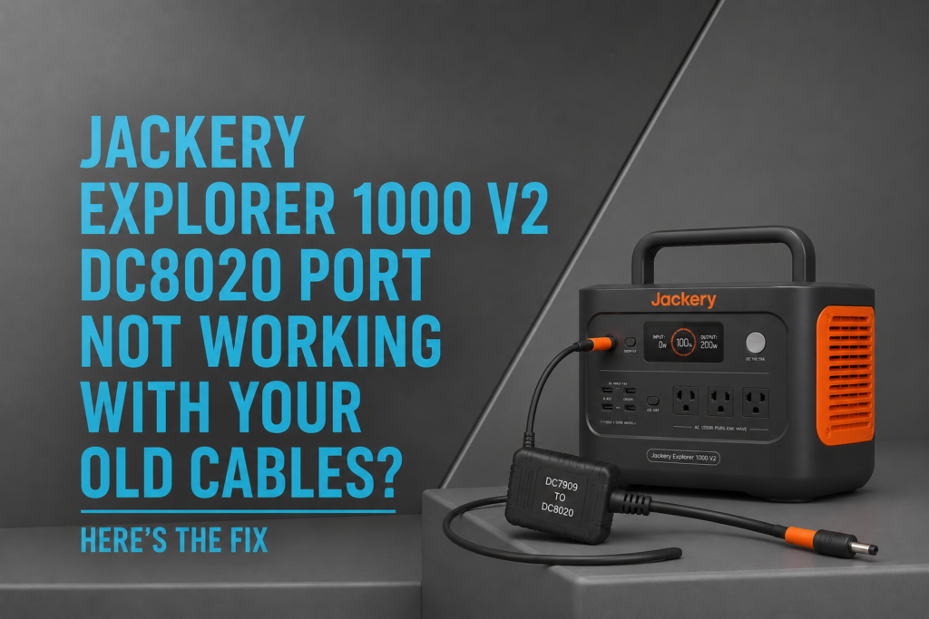 Jackery Explorer 1000 V2 connected with a DC7909-to-DC8020 adapter cable for older charging accessories