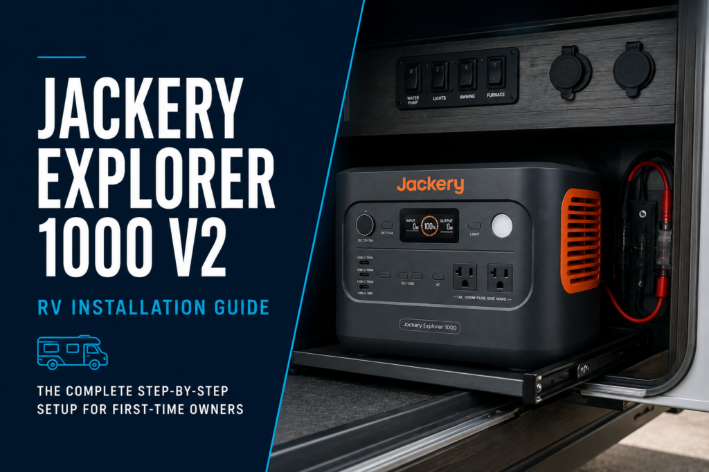 Jackery Explorer 1000 V2 securely installed inside an RV cabinet with solar panels connected for off-grid camping.