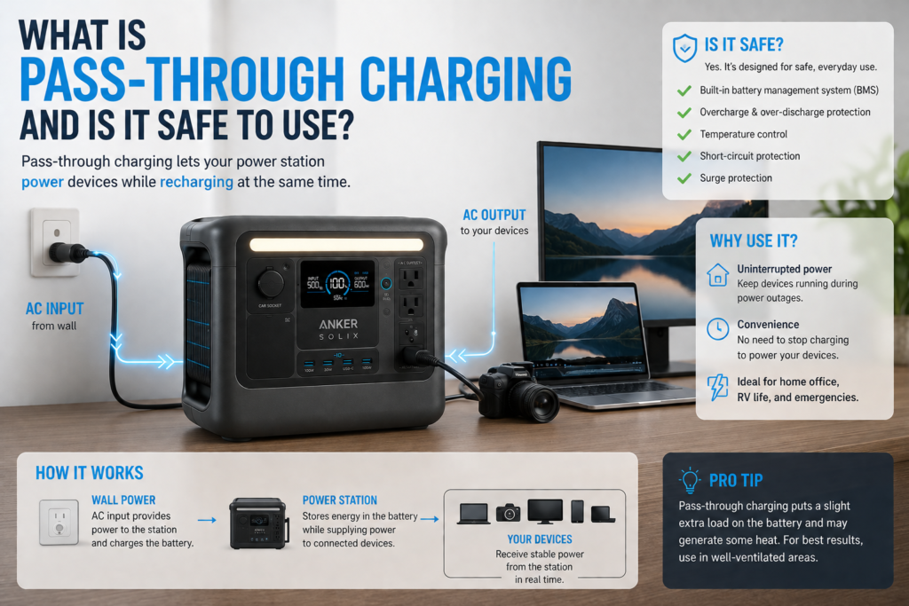 Portable power station powering devices while charging from a wall outlet
