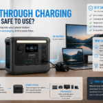 Portable power station powering devices while charging from a wall outlet