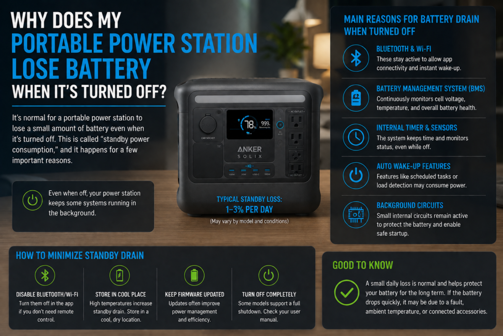 Portable power station showing a slight battery level drop while turned off and stored.
