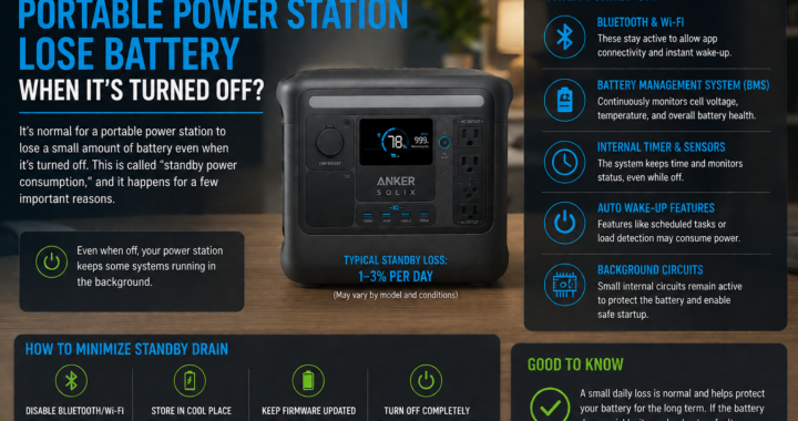 Portable power station showing a slight battery level drop while turned off and stored.