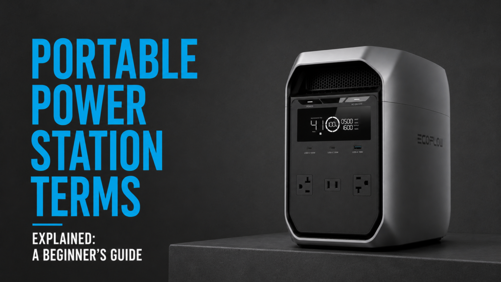 Portable power station glossary explaining watts, watt-hours, LiFePO4 batteries, inverter power, MPPT, UPS, and solar charging terms.