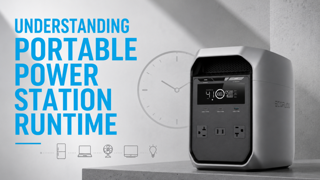 Portable power station powering household appliances with runtime calculation illustration