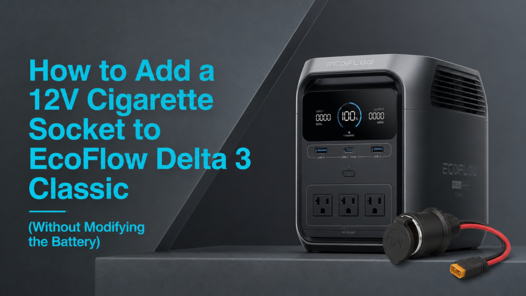 Custom XT60i to 12V cigarette socket adapter connected to an EcoFlow Delta 3 Classic power station.