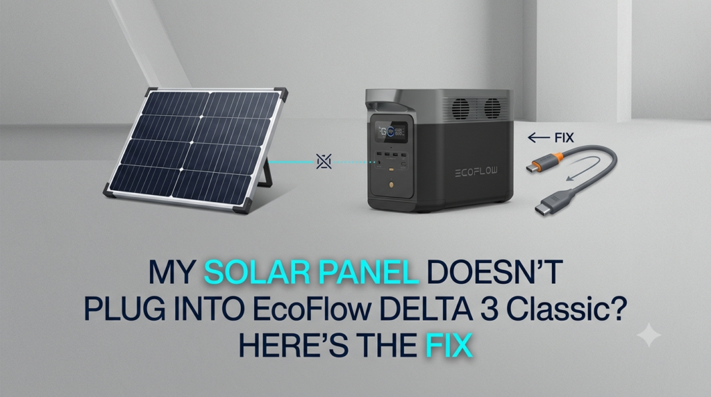 EcoFlow DELTA 3 Classic connected to a solar panel using an XT60i to MC4 cable