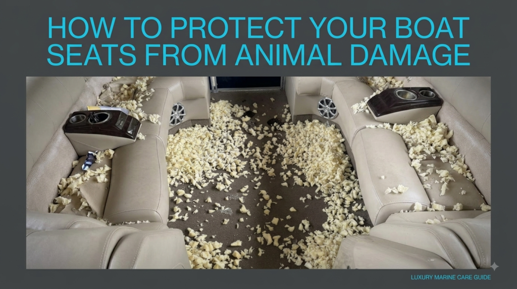 Boat stored outdoors with a radar perimeter alarm protecting its seats from animals