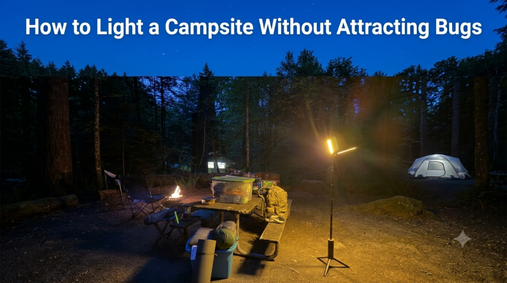 BougeRV T1 telescopic camping light using warm light at a campsite at night