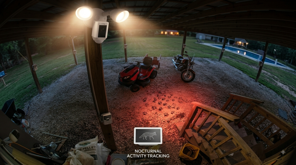 Ring Floodlight Cam monitoring wildlife entering a backyard at night