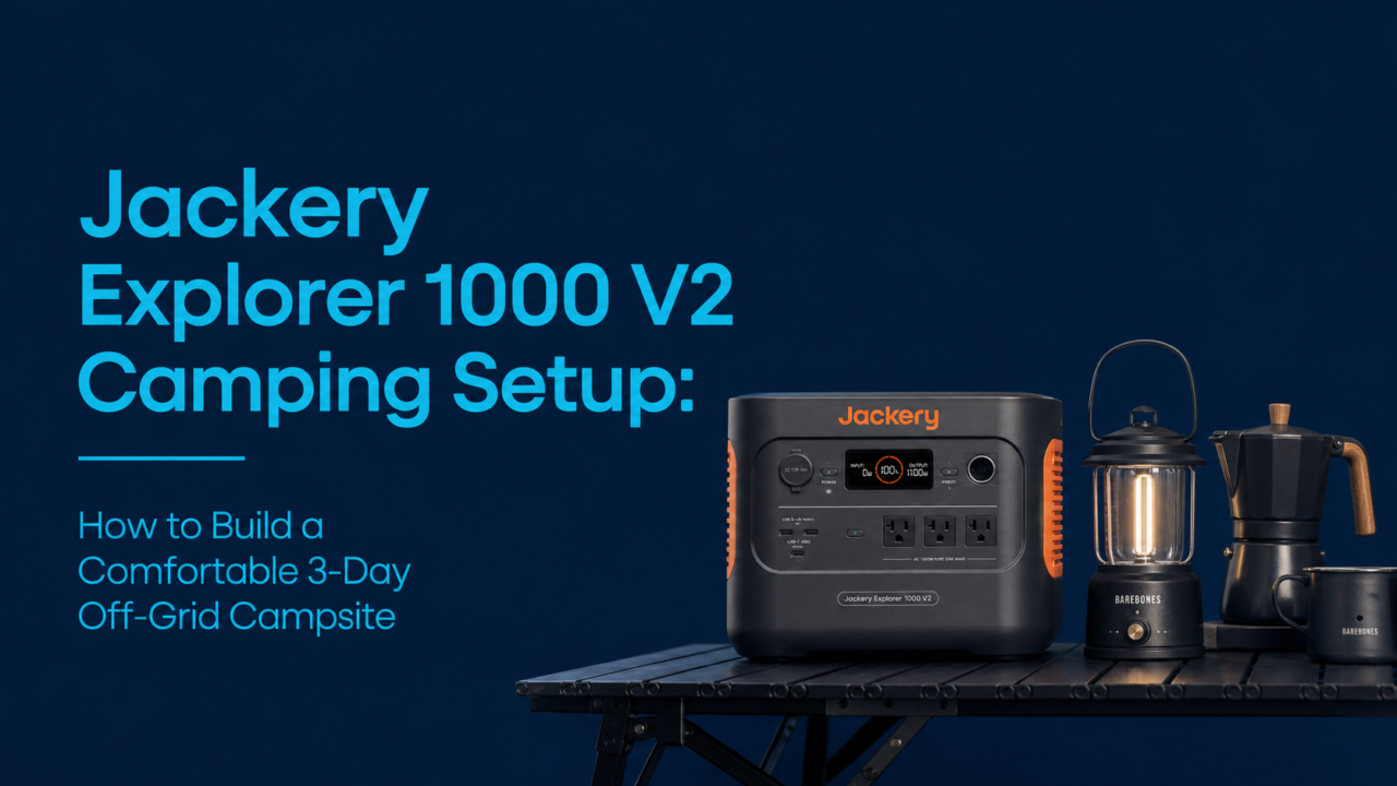 Jackery Explorer 1000 V2 powering an off-grid campsite with solar panels, portable fridge, lights, and camping gear.