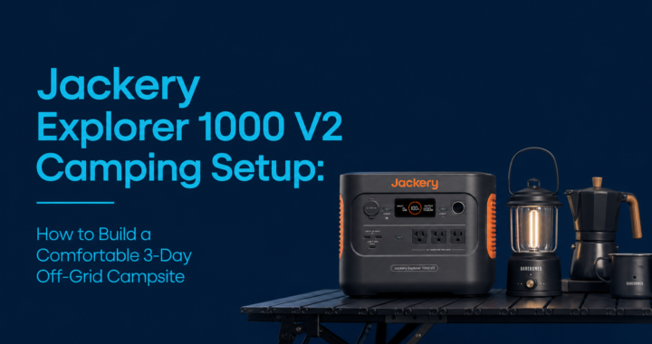 Jackery Explorer 1000 V2 powering an off-grid campsite with solar panels, portable fridge, lights, and camping gear.