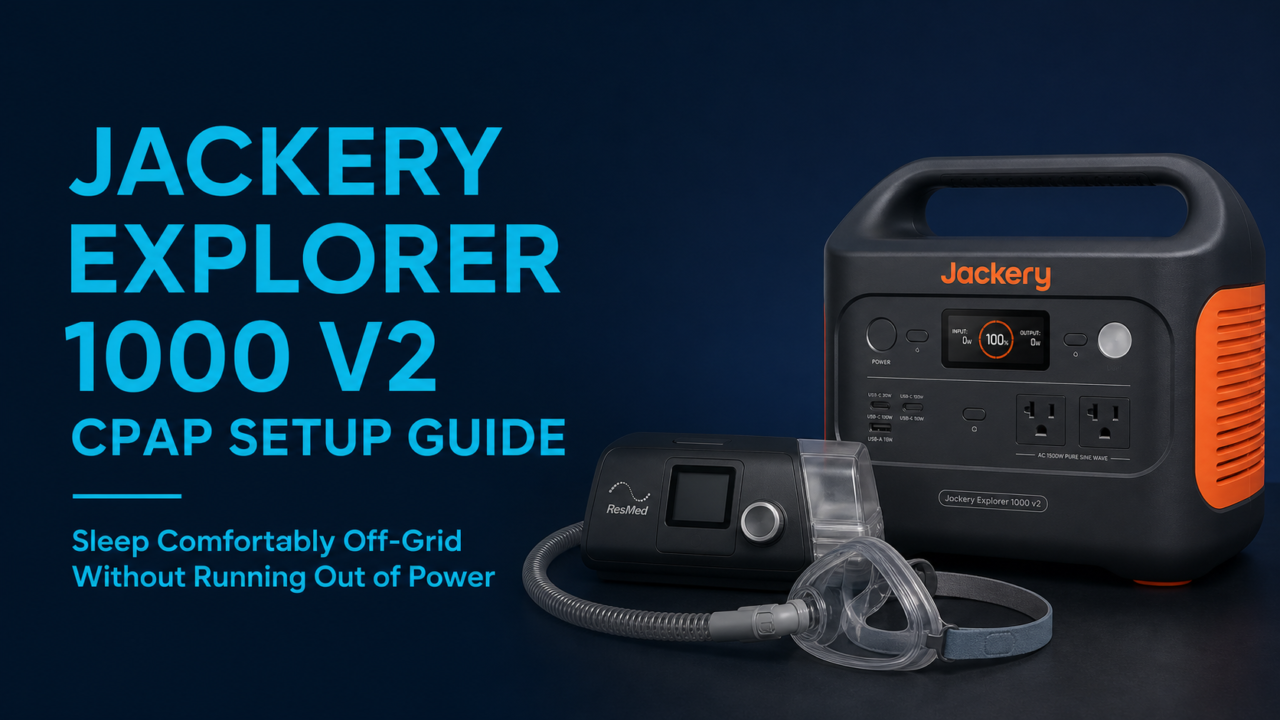 Jackery Explorer 1000 V2 powering a CPAP machine inside a camping tent with SolarSaga panels charging outside