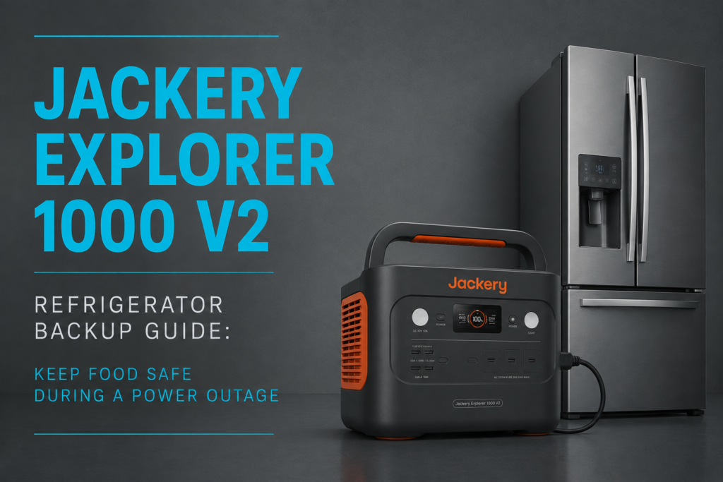 Jackery Explorer 1000 V2 connected to a household refrigerator during a power outage with food safely stored inside.