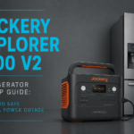 Jackery Explorer 1000 V2 connected to a household refrigerator during a power outage with food safely stored inside.
