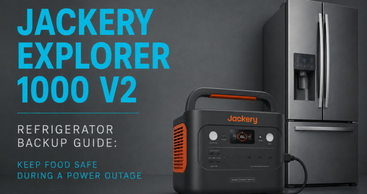 Jackery Explorer 1000 V2 connected to a household refrigerator during a power outage with food safely stored inside.