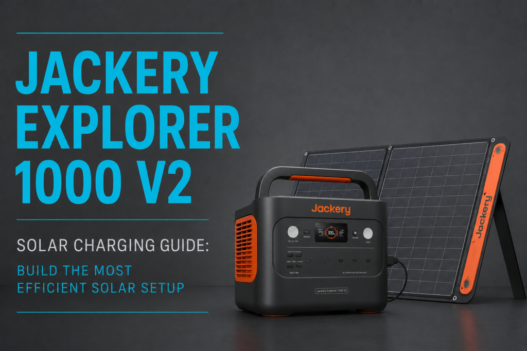 Jackery Explorer 1000 V2 charging from portable solar panels in direct sunlight using the optimal panel angle.
