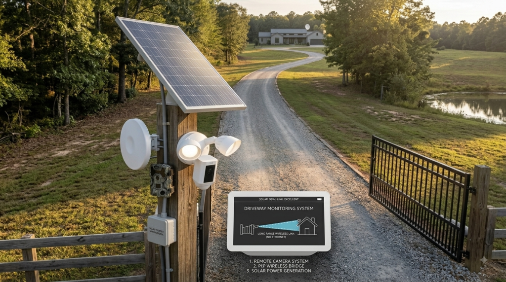 Ring Floodlight Cam monitoring a long driveway at night without an Ethernet cable